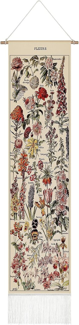 Vintage Tapestry 52 x 13 Inch, Long Vertical Wall Hanging Reference Illustrative Botanical Tassel Tapestry for Bedroom Living Room Home Decoration(Flower)